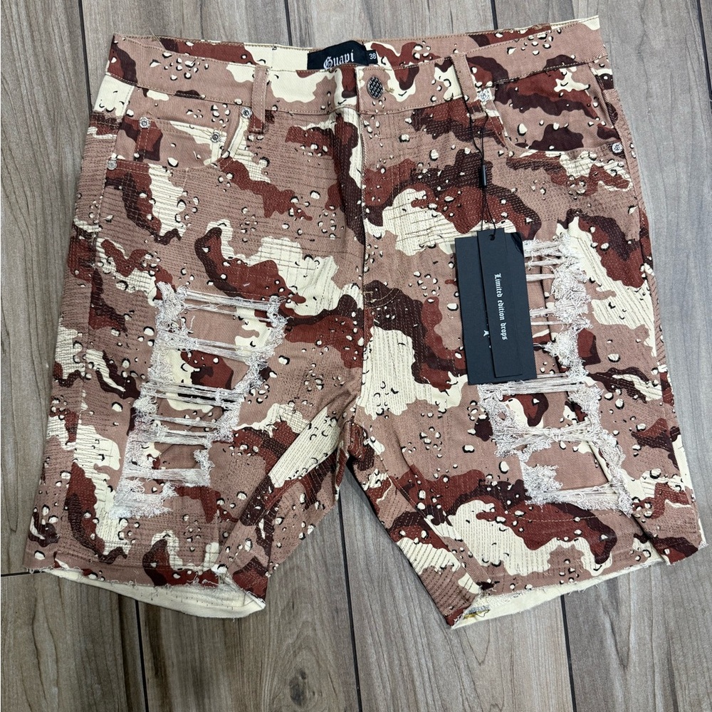 NWT GUAPI Blood Diamond‎ Distressed Stacked Tan Camouflage Shorts Sz 38